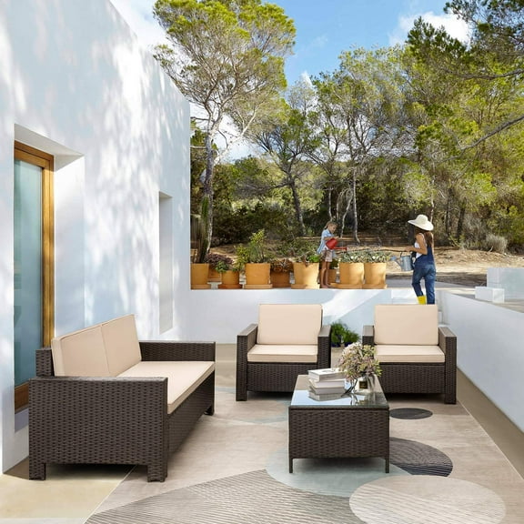 Lacoo 4 Pieces Patio Indoor Rattan Set Outdoor Sectional Wicker Furniture Set with Love Seat and Coffee Table, Beige