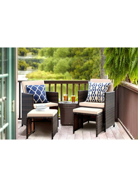 Lacoo 4 Pieces Patio Wicker Furniture Conversation Set with Two Ottomans Collapsible Balcony Porch Furniture, Beige
