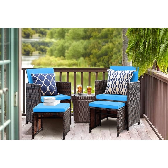 Lacoo 4 Pieces Patio Wicker Furniture Conversation Set with Two Ottomans Collapsible Balcony Porch Furniture, Blue
