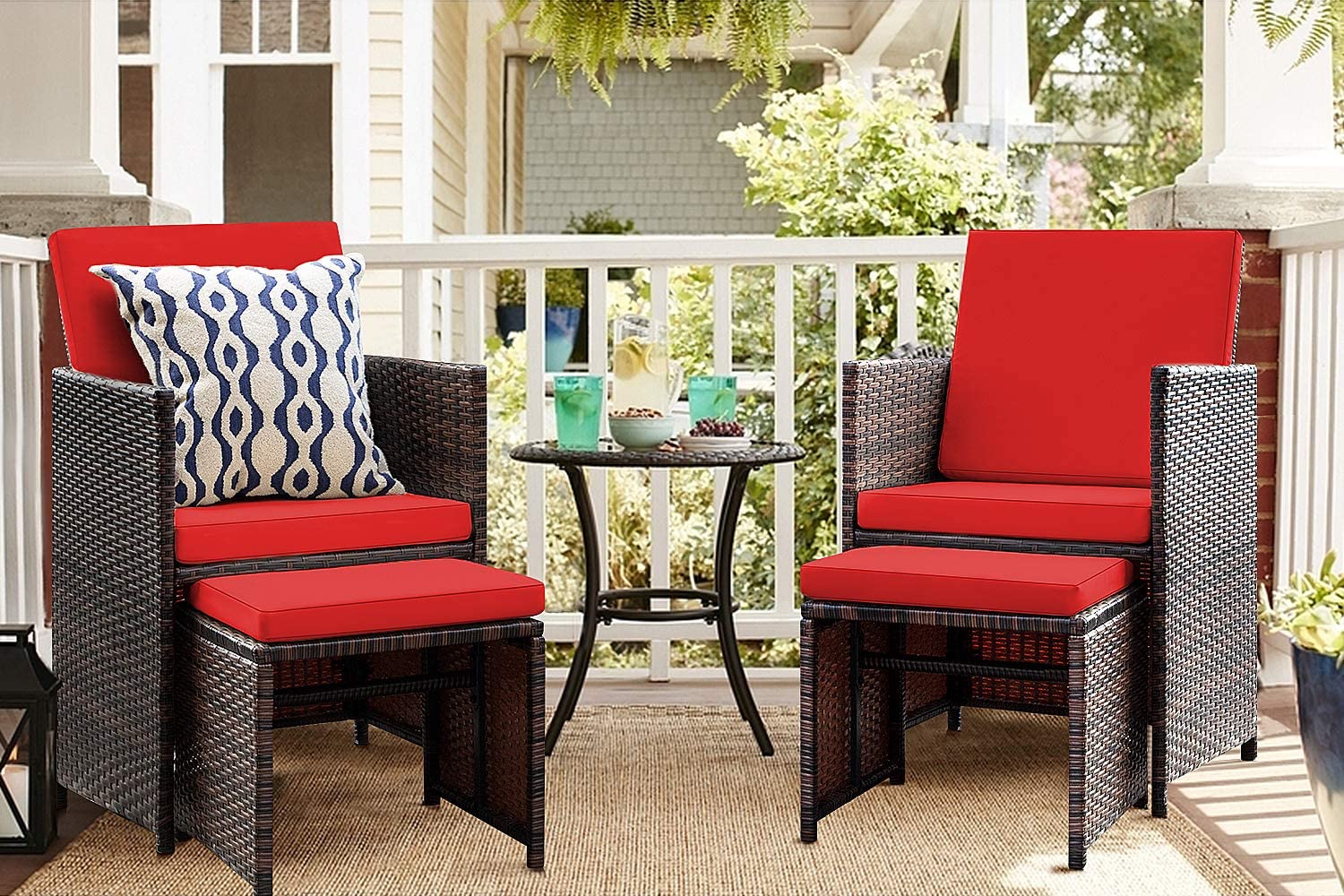 Lacoo 4 Pieces Patio Wicker Furniture Conversation Set with Two Ottomans Collapsible Balcony Porch Furniture, Red - image 1 of 3