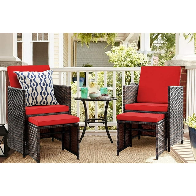 Lacoo 4 Pieces Patio Wicker Furniture Conversation Set with Two Ottomans Collapsible Balcony Porch Furniture, Red