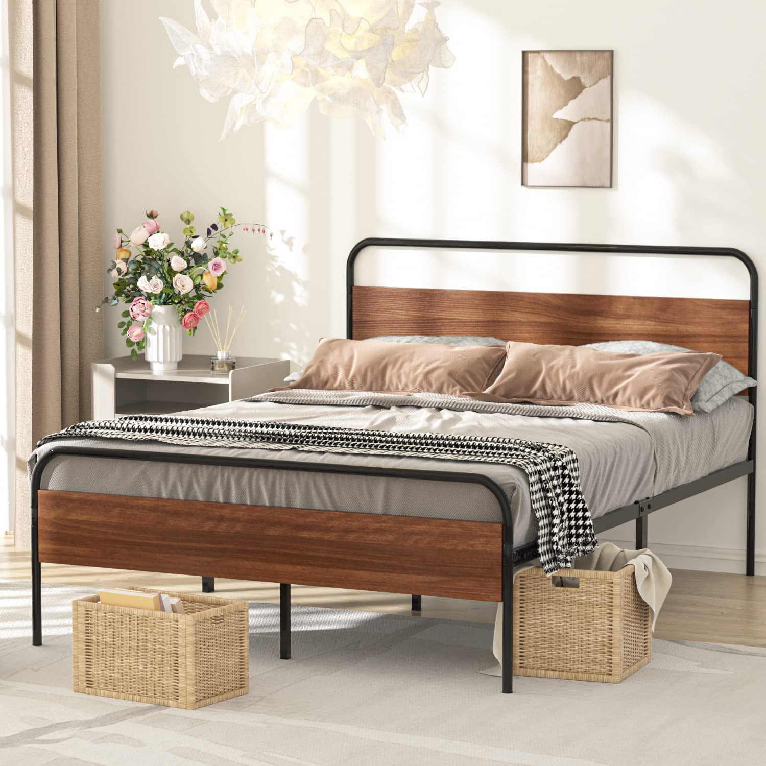 Lacoo 41 Inch Metal and Wood Platform Bed Frame, No Box Spring Needed, Metal Slat Support, Easy Assembly, Chestnut Brown, Full