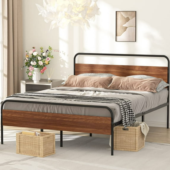 Lacoo 41 Inch Metal and Wood Platform Bed Frame, No Box Spring Needed, Metal Slat Support, Easy Assembly, Chestnut Brown, Queen