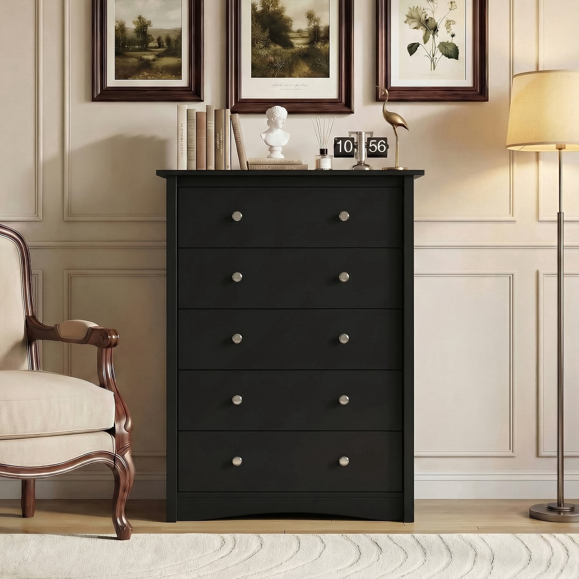 Lacoo 45'' Tall 5 Drawers Wooden Dresser for Bedroom, Modern Storage Chest of Drawers, Black