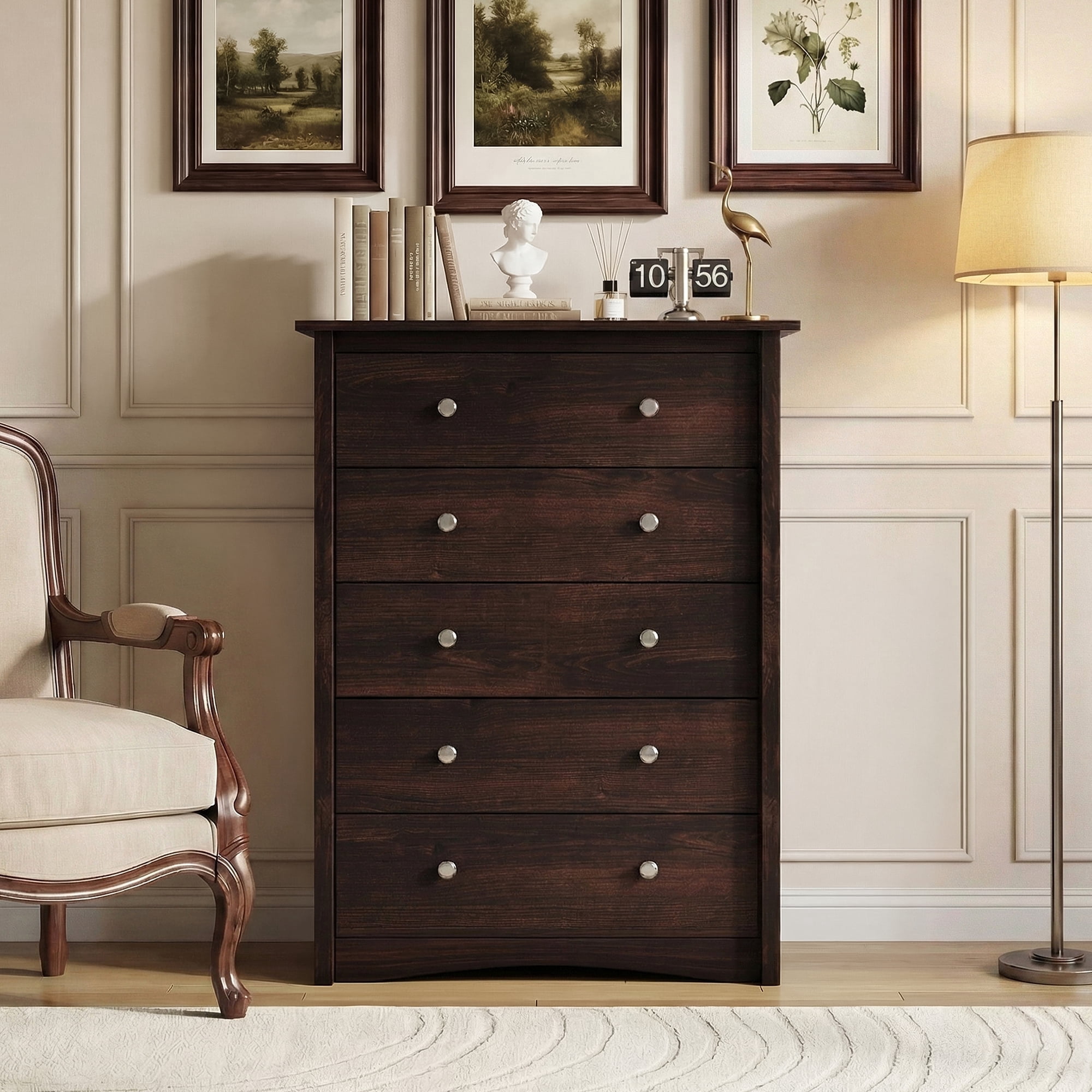 Lacoo 47'' Tall 5 Drawers Wooden Dresser for Bedroom, Modern Storage Chest of Drawers, Brown