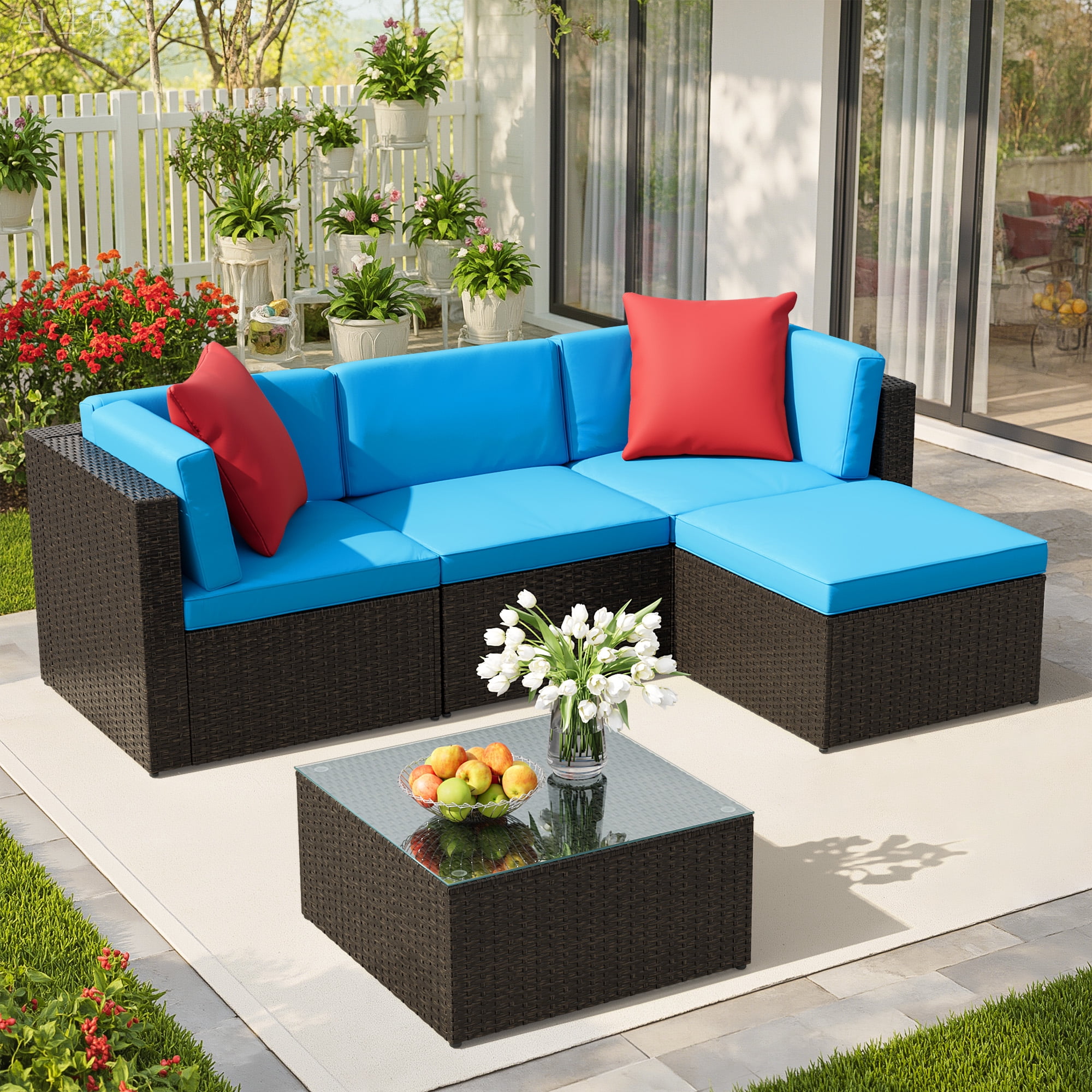 Lacoo 5 PCS Patio Outdoor Furniture Wicker Sectional Sofa with Cushion, Blue
