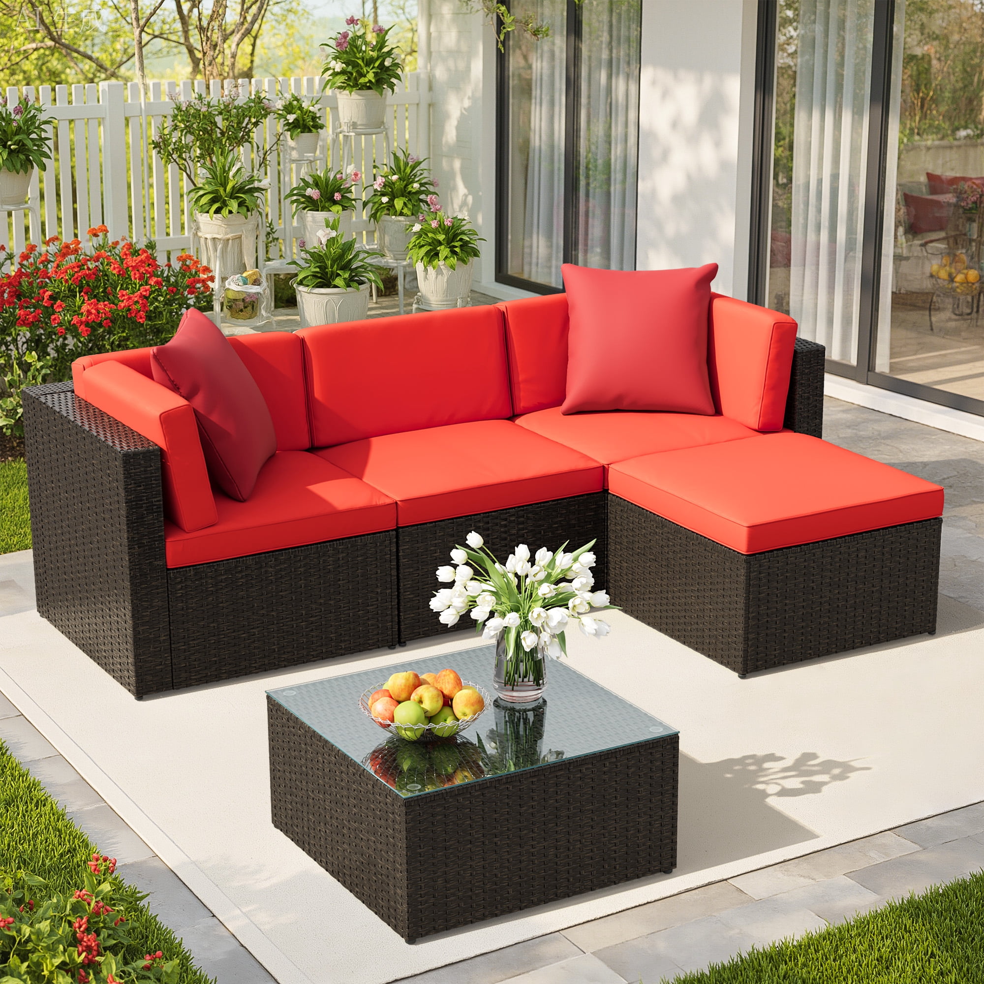 Lacoo 5 PCS Patio Outdoor Furniture Wicker Sectional Sofa With Cushion, Red