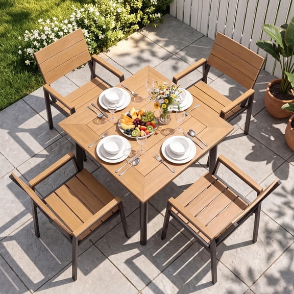 Lacoo 5‑Piece Aluminum Patio Dining Set, Outdoor Table & Chairs with Umbrella Hole for Backyard Gatherings, Teak