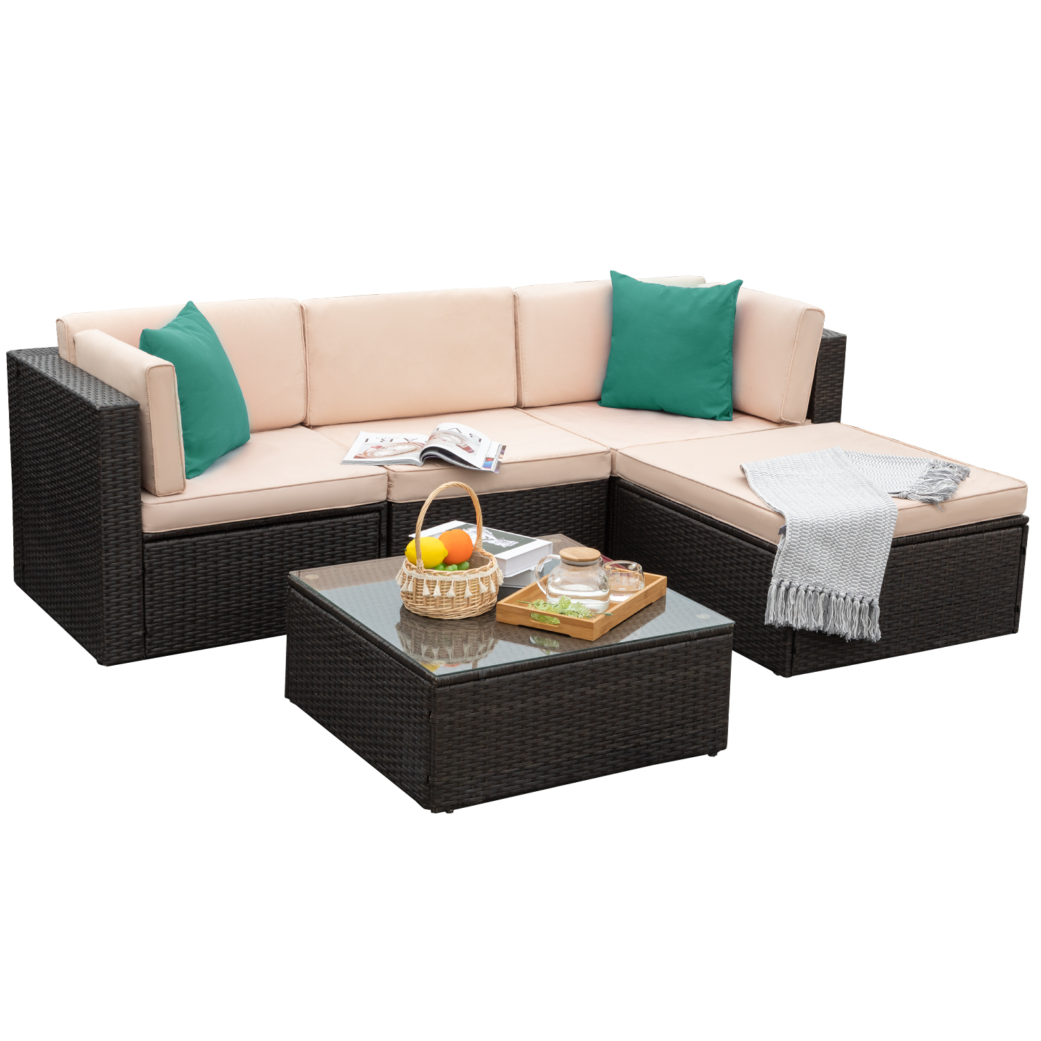 Lacoo 5 Pieces All-Weather Conversation Set and Glass Table Dark Green Pillow - image 1 of 7