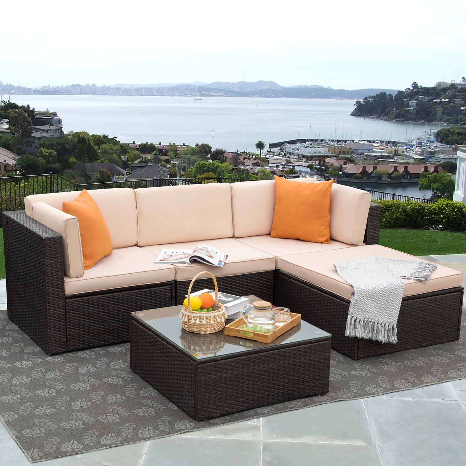 Lacoo 5 Pieces All-Weather Conversation Set and Glass Table Orange Pillow, Garden, 4, Rattan - image 1 of 7
