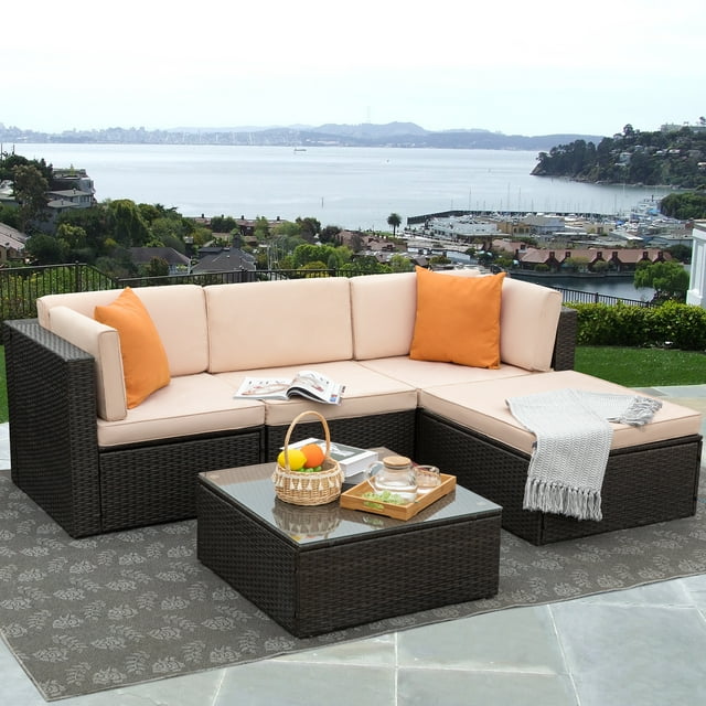 Lacoo 5 Pieces All-Weather Conversation Set and Glass Table Orange Pillow, Garden, 4, Rattan