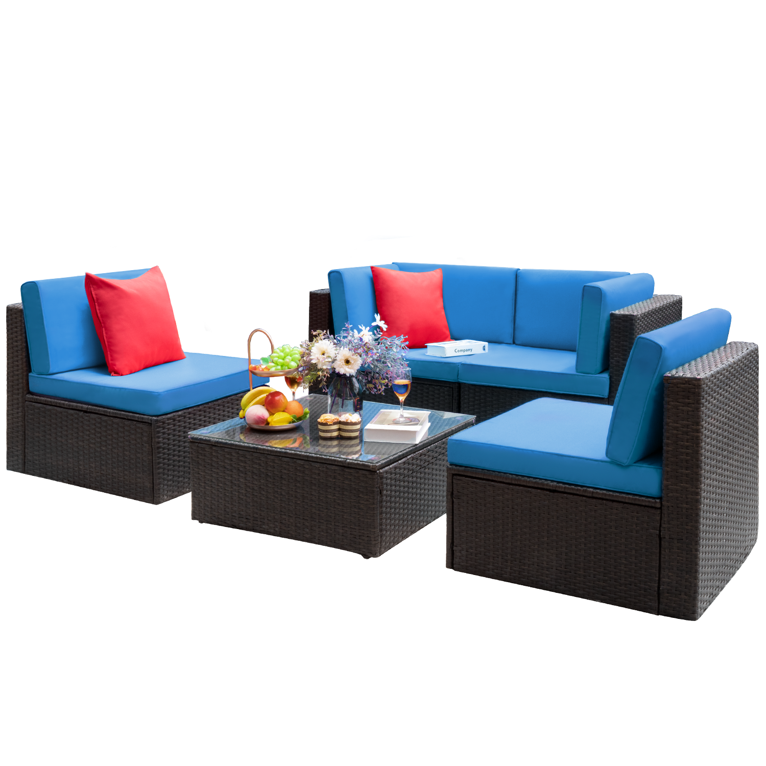 Lacoo 5 Pieces Patio Sectional Sofa Set All-Weather Wicker Rattan Conversation Sets with Glass Table, Blue - image 1 of 7