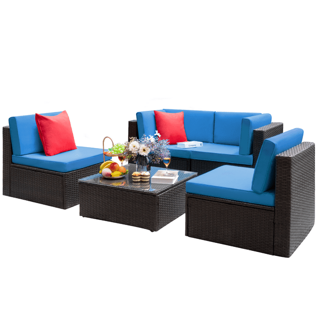 Lacoo 5 Pieces Patio Sectional Sofa Set All-Weather Wicker Rattan Conversation Sets with Glass Table, Blue