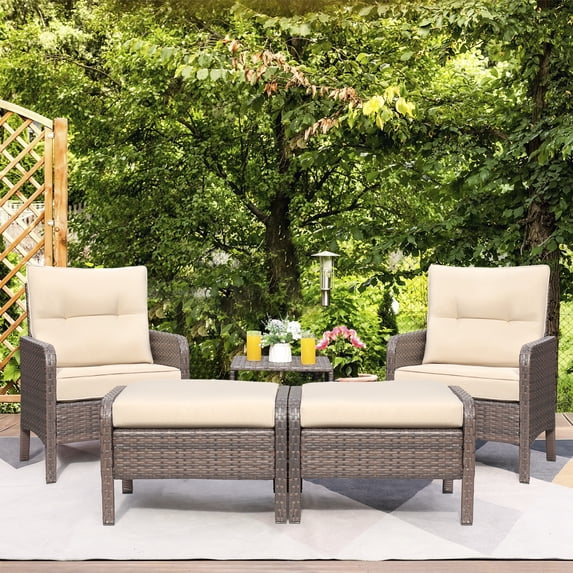 Lacoo 5 Pieces Wicker Patio Furniture Set Outdoor Patio Seat Conversation Cushion Chairs with Table & Ottomans, Beige