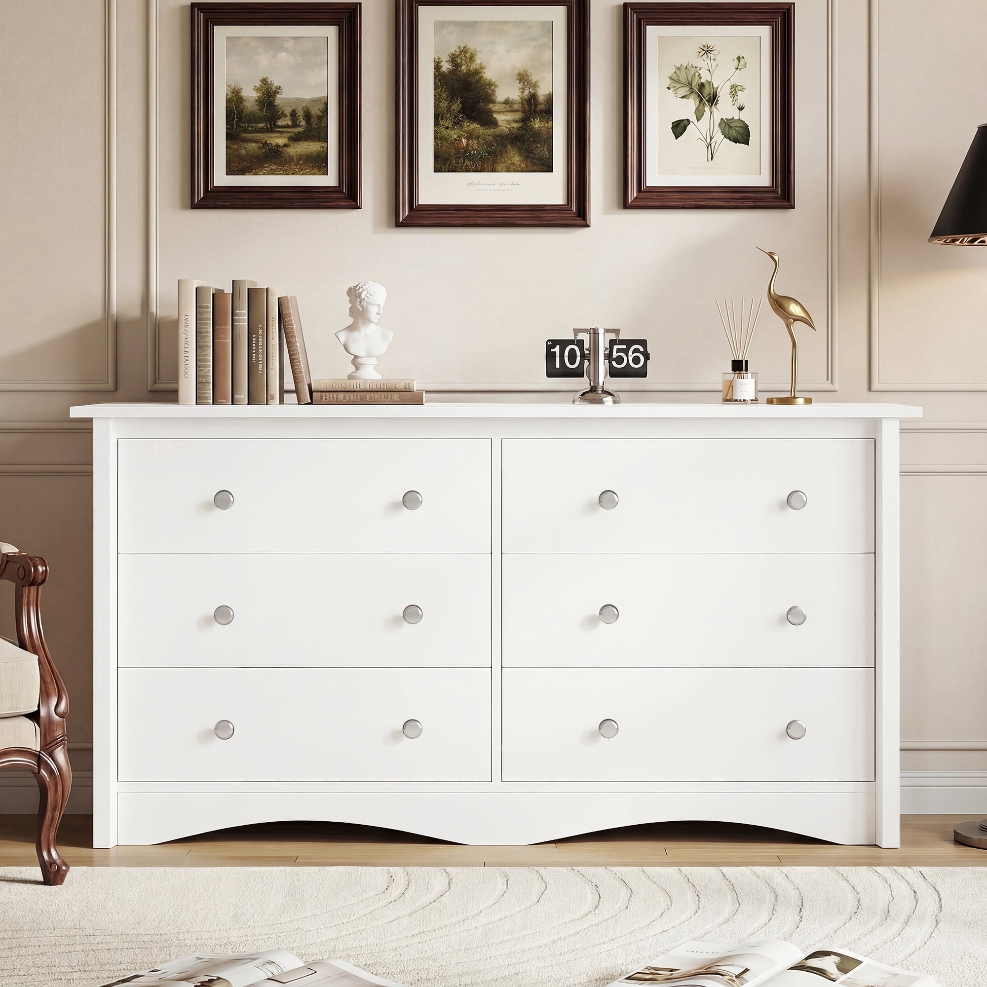 Lacoo 47'' Wide 6 Drawers Wooden Dresser for Bedroom, Modern Storage Chest of Drawers for Living Room, White