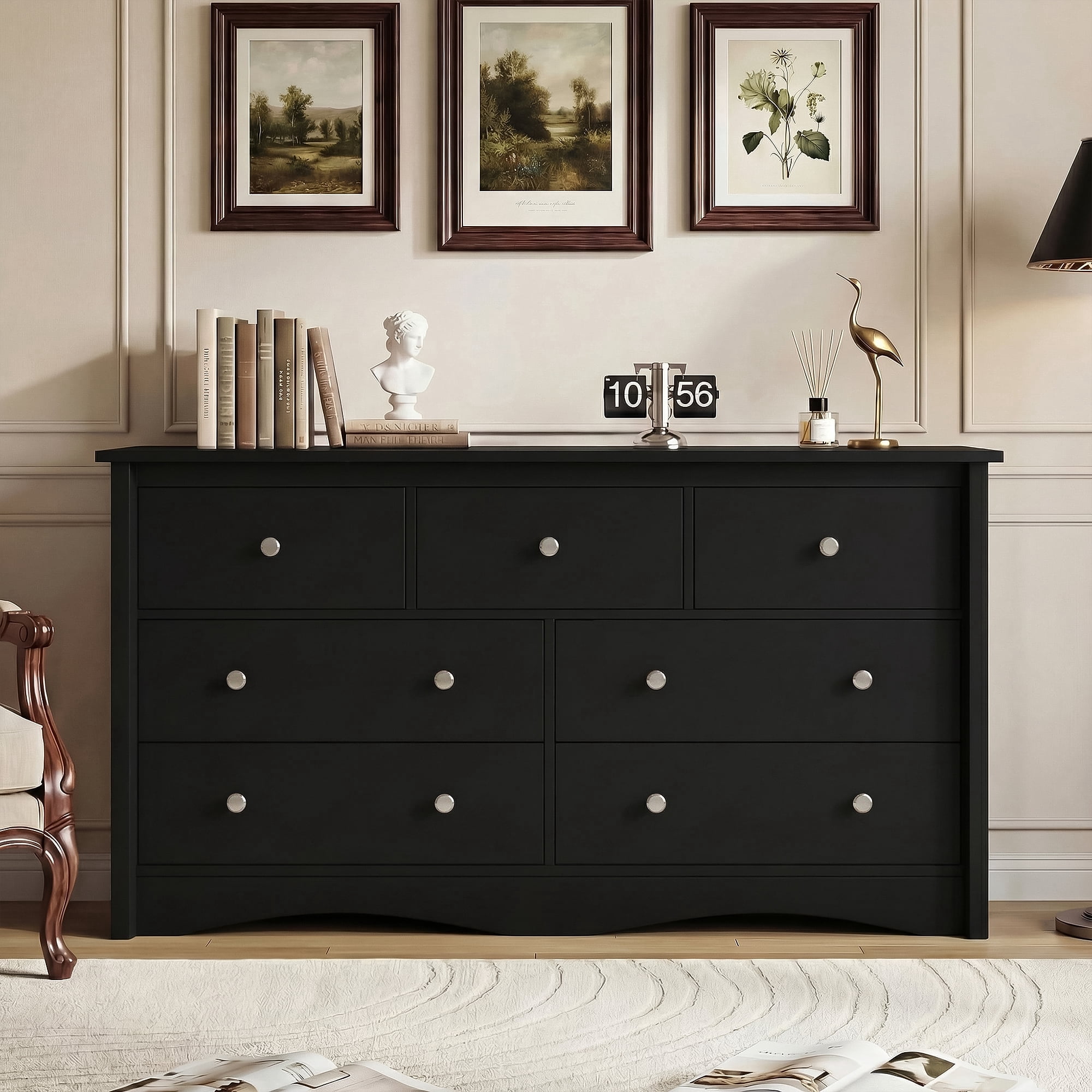 Lacoo 47'' Wide 7 Drawers Wooden Dresser for Bedroom, Modern Storage Chest of Drawers for Living Room, Black