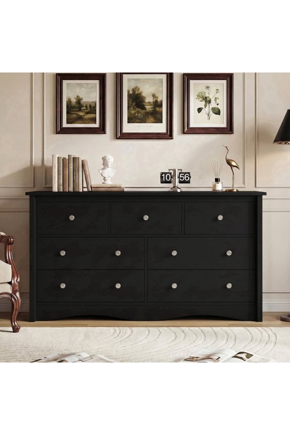 7 Drawers Wooden Dresser for Bedroom, 47'' Modern Storage Chest of Drawers for Living Room, Black