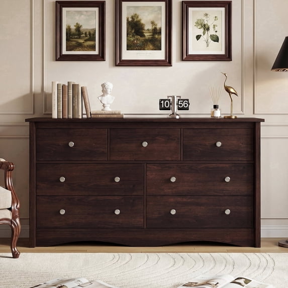 Lacoo 7 Drawers Wooden Dresser for Bedroom, 47'' Modern Storage Chest of Drawers for Living Room, Brown