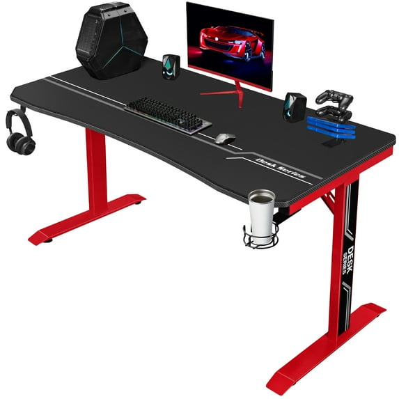 Lacoo 55 inches T-Shape Metal Frame Gaming Computer Desk Carbon Fiber Surface, Red