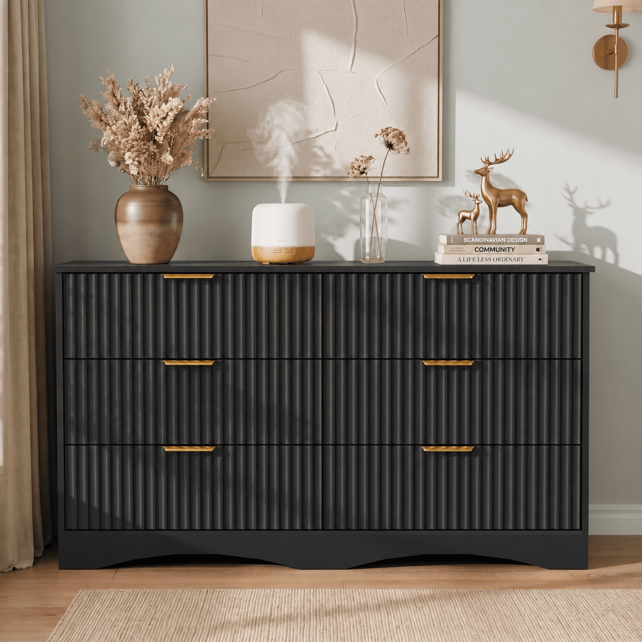 Lacoo 6 Drawer Dresser, 47'' Wide Fluted Dresser with Gold-Tone Handles, Wood Storage Chest with Smooth Glides, Modern Low Dresser for Bedroom, Living Room, Black