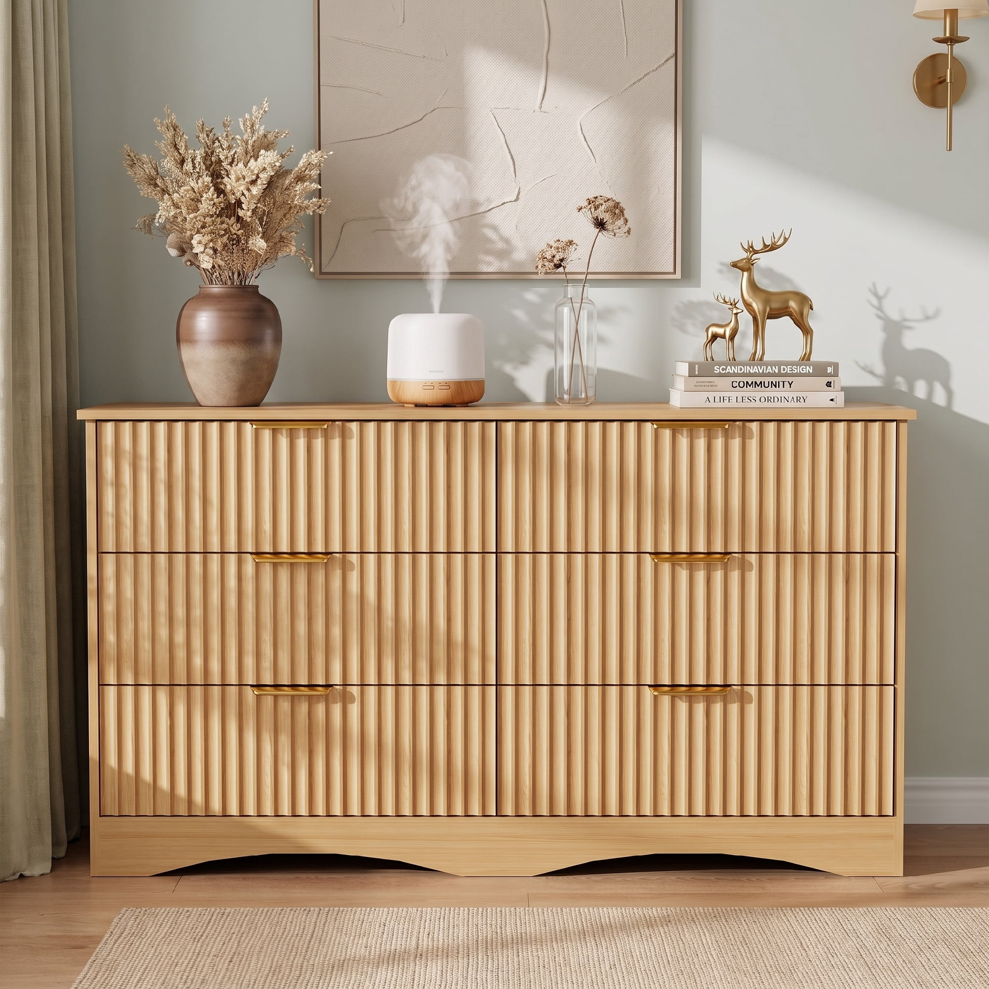 Lacoo 6 Drawer Dresser, 47'' Wide Fluted Dresser with Gold-Tone Handles, Wood Storage Chest with Smooth Glides, Modern Low Dresser for Bedroom, Living Room, Natural