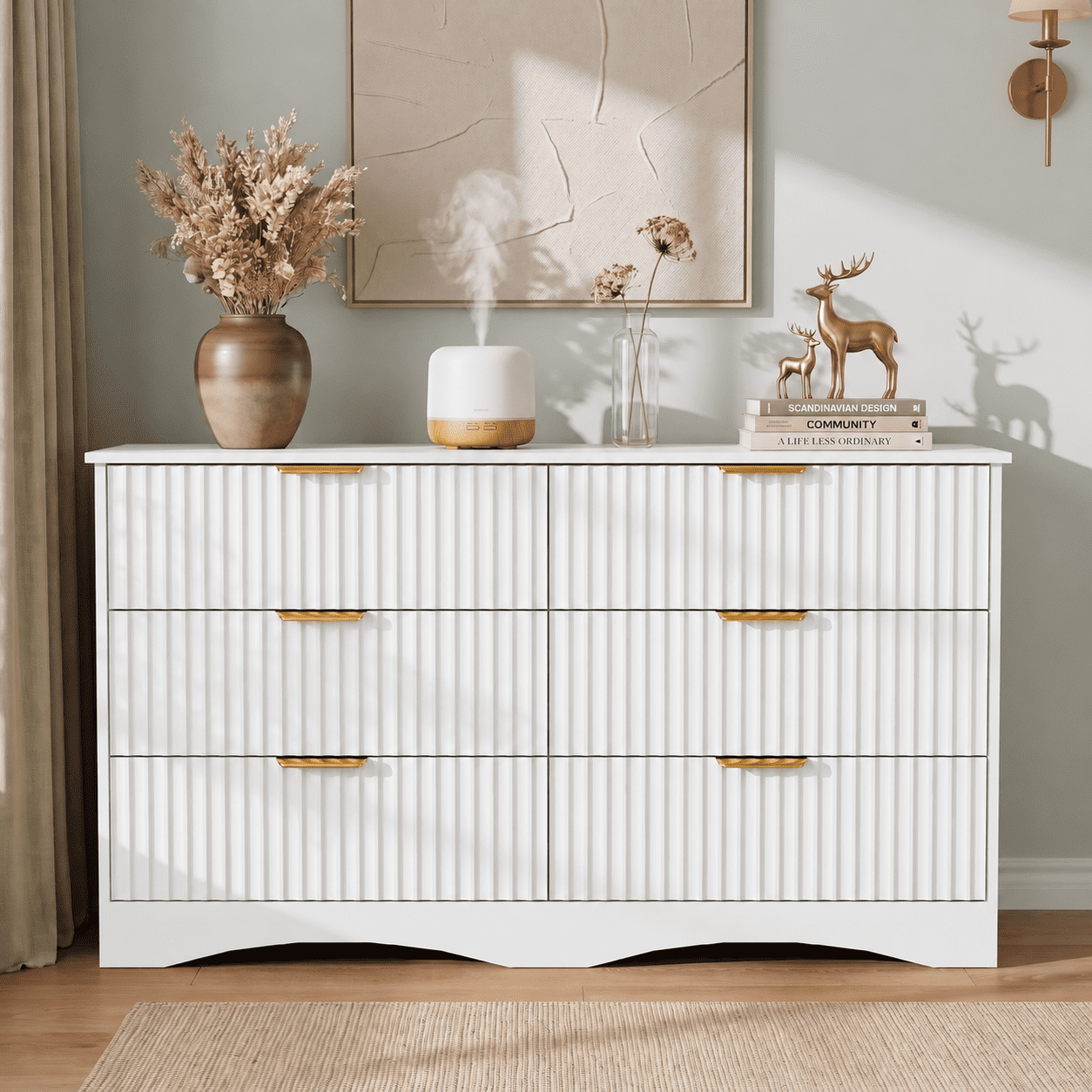 Lacoo 6 Drawer Dresser, 47'' Wide Fluted Dresser with Gold-Tone Handles, Wood Storage Chest with Smooth Glides, Modern Low Dresser for Bedroom, Living Room, White