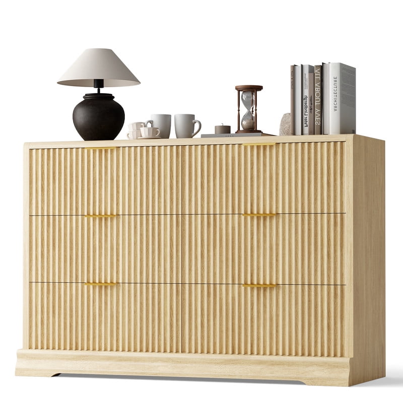 Lacoo 6 Drawer Fluted Dresser, Modern Ribbed Chest of Drawers with Gold Handles, Large Storage Dresser TV Stand for 50" TV