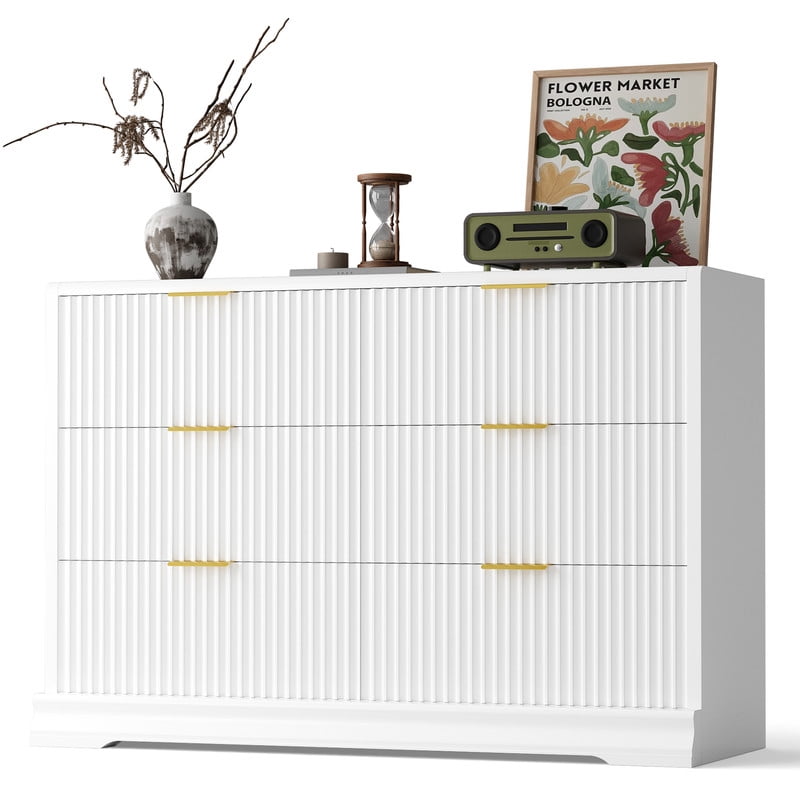 Lacoo 6 Drawer Fluted Dresser, Modern Ribbed Chest of Drawers with Gold Handles, Large Storage Dresser TV Stand for 50" TV