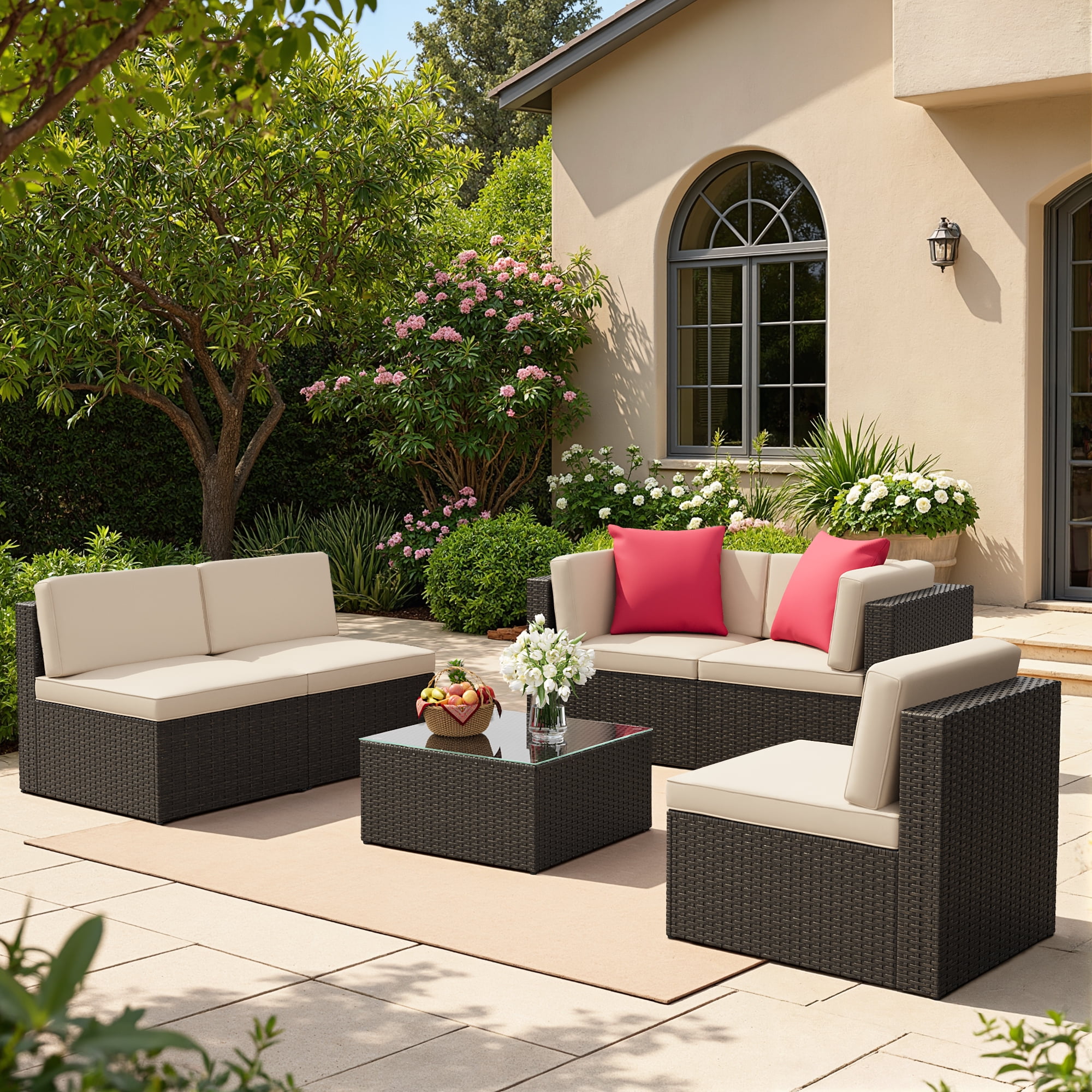 Lacoo 6 PCS Patio Outdoor Furniture Wicker Sectional Sofa with Cushion, Beige