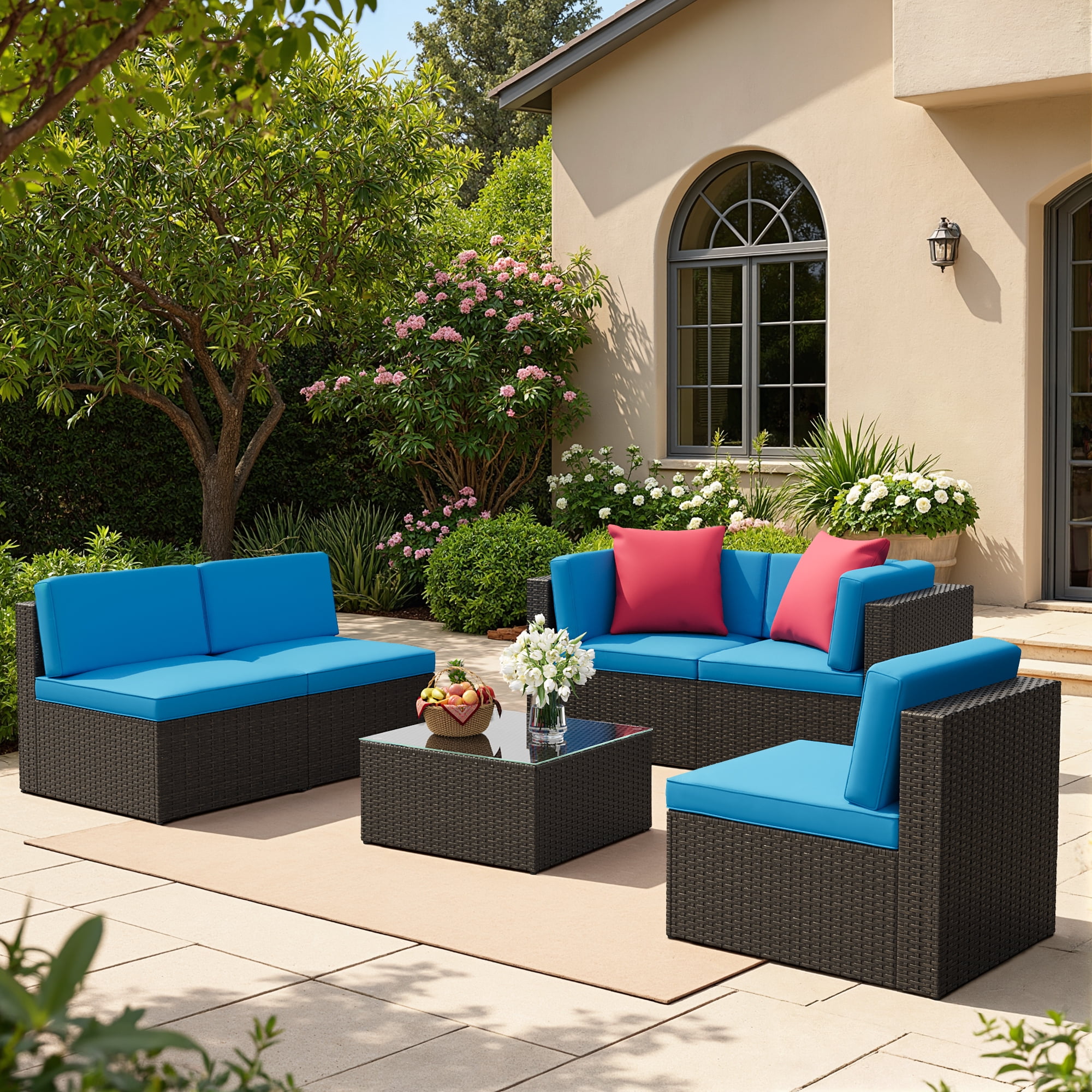 Lacoo 6 PCS Patio Outdoor Furniture Wicker Sectional Sofa with Cushion, Blue