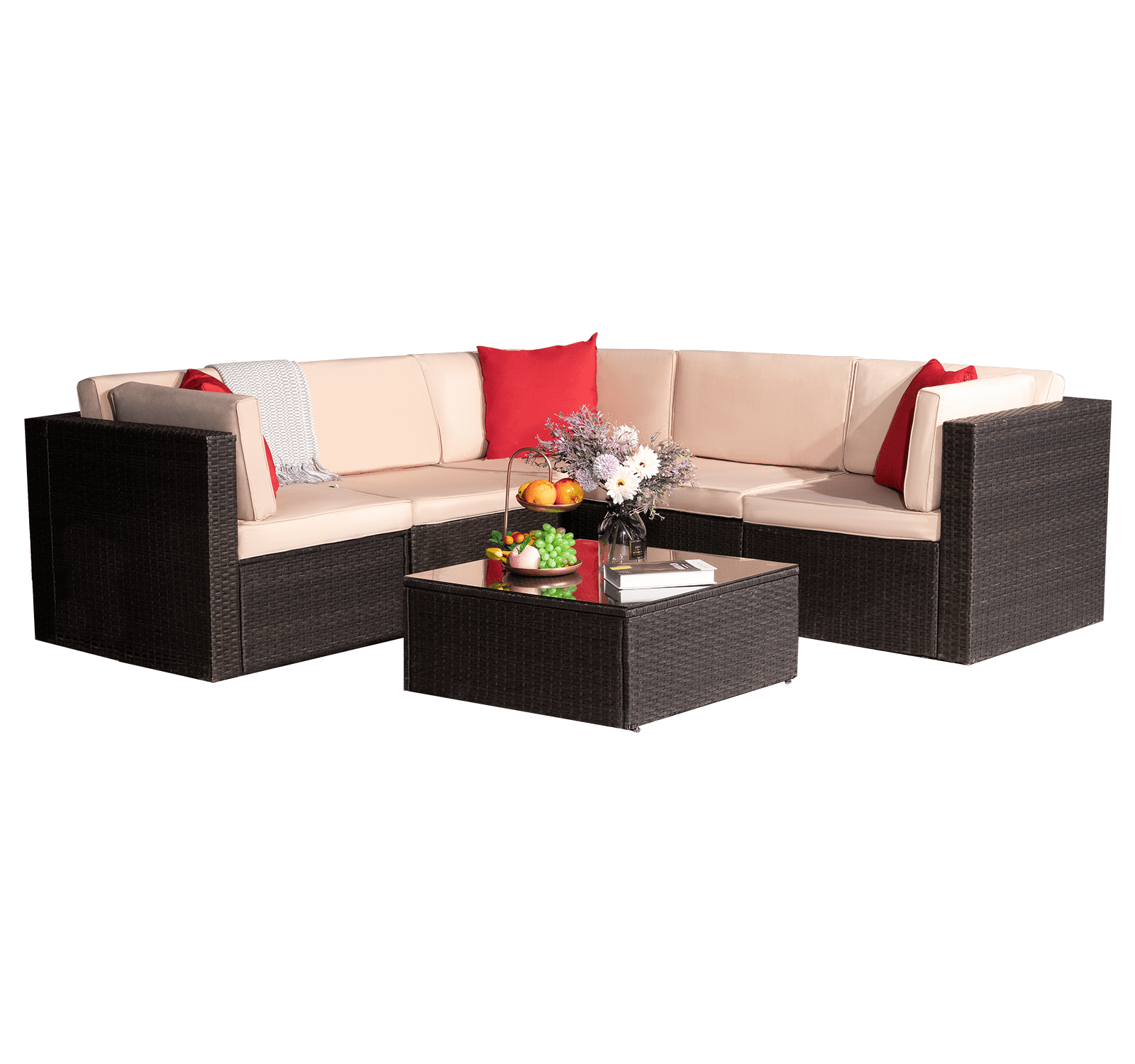 Lacoo 6-Piece Steel Frame Outdoor PE Wicker Conversation Set, Beige