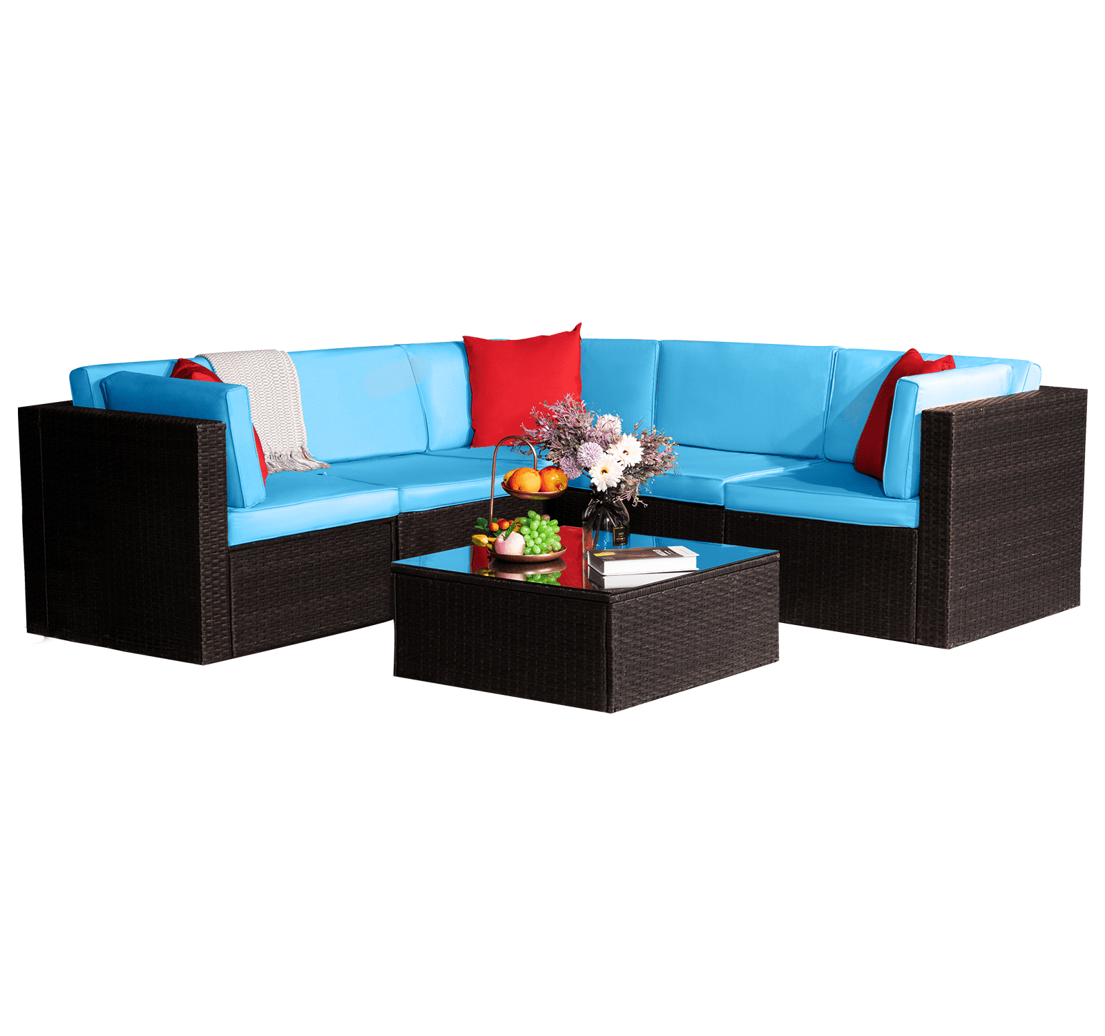 Walnew 6Piece Outdoor Patio Sofa Set, AllWeather PE Rattan, with Cushions and Table, Blue