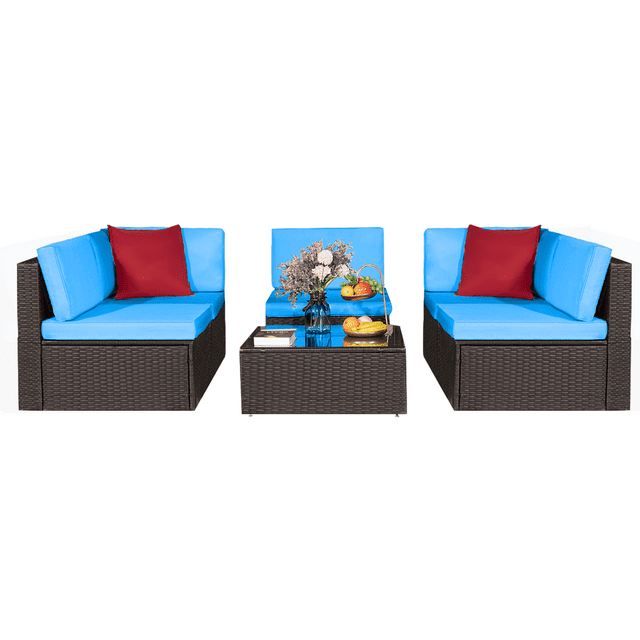 Lacoo 6 Pieces Outdoor Indoor Sectional Sofa Set PE Wicker Rattan Sectional Seating Group with Cushions Blue