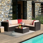 لاكو 6 قطع أريكة قسم الفناء جميع الأحوال الجوية مجموعات PE Rattan Manual Wicker Conversation مع وسائد قابلة للغسل وطاولة زجاجية بني