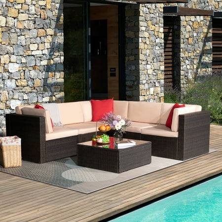 Lacoo 6 Pieces Patio Sectional Sofa All Weather PE Rattan Manual Wicker Conversation Sets with Washable Cushions and Glass Table (Brown)