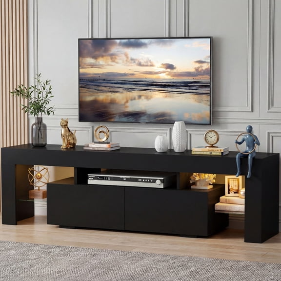 Lacoo 70" LED TV Stand for 70 Inch TV, Modern Media Console with 2 Extra Deep Drawers and RGB Light Strip, Gaming Entertainment Center with Open Glass Shelves