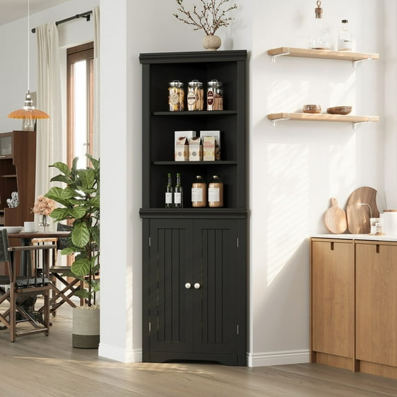 Lacoo 62'' Tall Corner Cabinet with 3 Shelves and 2 Doors, Corner Storage Cabinet Shelving Storage with Adjustable Shelves for Kitchen Living Room Bathroom, Black