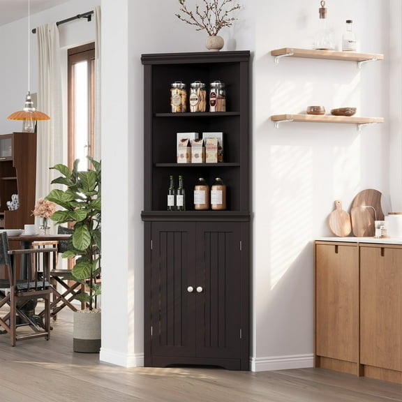 Lacoo 62'' Tall Corner Cabinet with 3 Shelves and 2 Doors, Corner Storage Cabinet Shelving Storage with Adjustable Shelves for Kitchen Living Room Bathroom, Brown