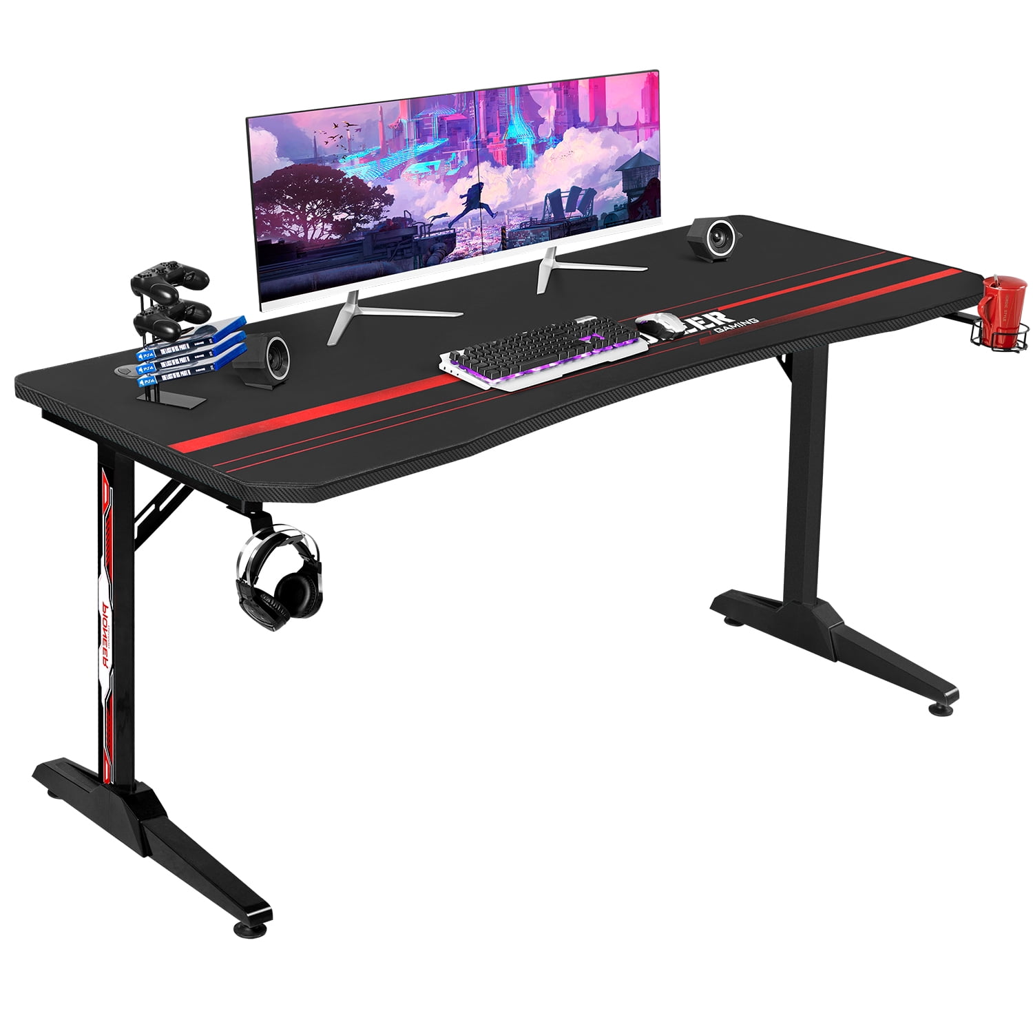 Lacoo 63 Inches Gaming Desk TShaped Metal Frame Gaming Desk with Cup