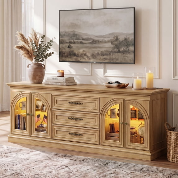 Lacoo 63'' Vintage-Style TV Stand for TVs Up to 70'' with LED Lights and Outlets, Entertainment Center with Storage Cabinets and Drawers for Living Room, Natural