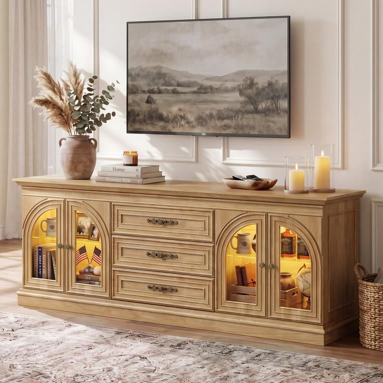 Lacoo 63'' Vintage-Style TV Stand for TVs Up to 70'' with LED Lights, Entertainment Center with Storage Cabinets and Drawers for Living Room, Natural