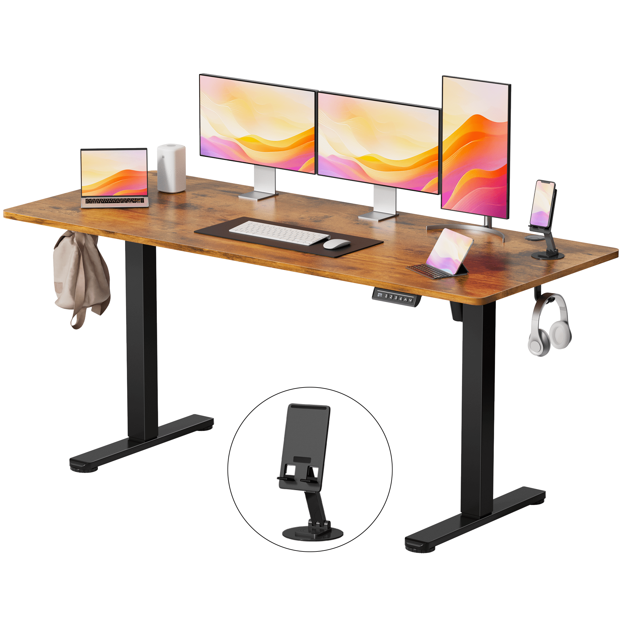 Lacoo 63" x 24" Sit to Stand Desk Height Adjustable Standing Desk Electric Stand up Table with Phone Stand, Rustic Brown