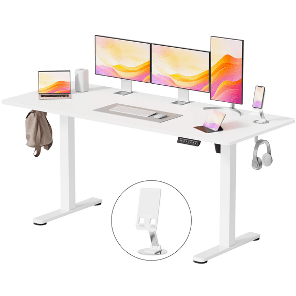 Lacoo 63" x 24" Sit to Stand Desk Height Adjustable Standing Desk Electric Stand up Table with Phone Stand, White