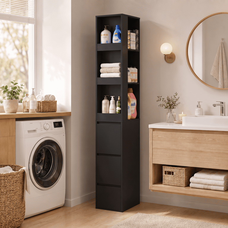 Lacoo 67''H Bathroom Storage Cabinet with 3 Drawers and Adjustable Shelves, Narrow Freestanding Linen Tower, Reversible Slim Organizer for Bathroom, Laundry Room and Kitchen, Black
