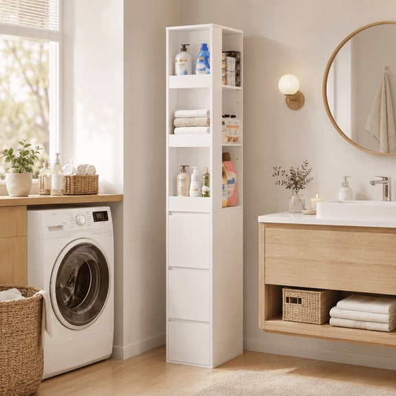 Lacoo 67''H Bathroom Storage Cabinet with 3 Drawers and Adjustable Shelves, Narrow Freestanding Linen Tower, Reversible Slim Organizer for Bathroom, Laundry Room and Kitchen, White