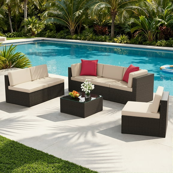 Lacoo 7 PCS Patio Outdoor Furniture Wicker Sectional Sofa with Cushion, Beige