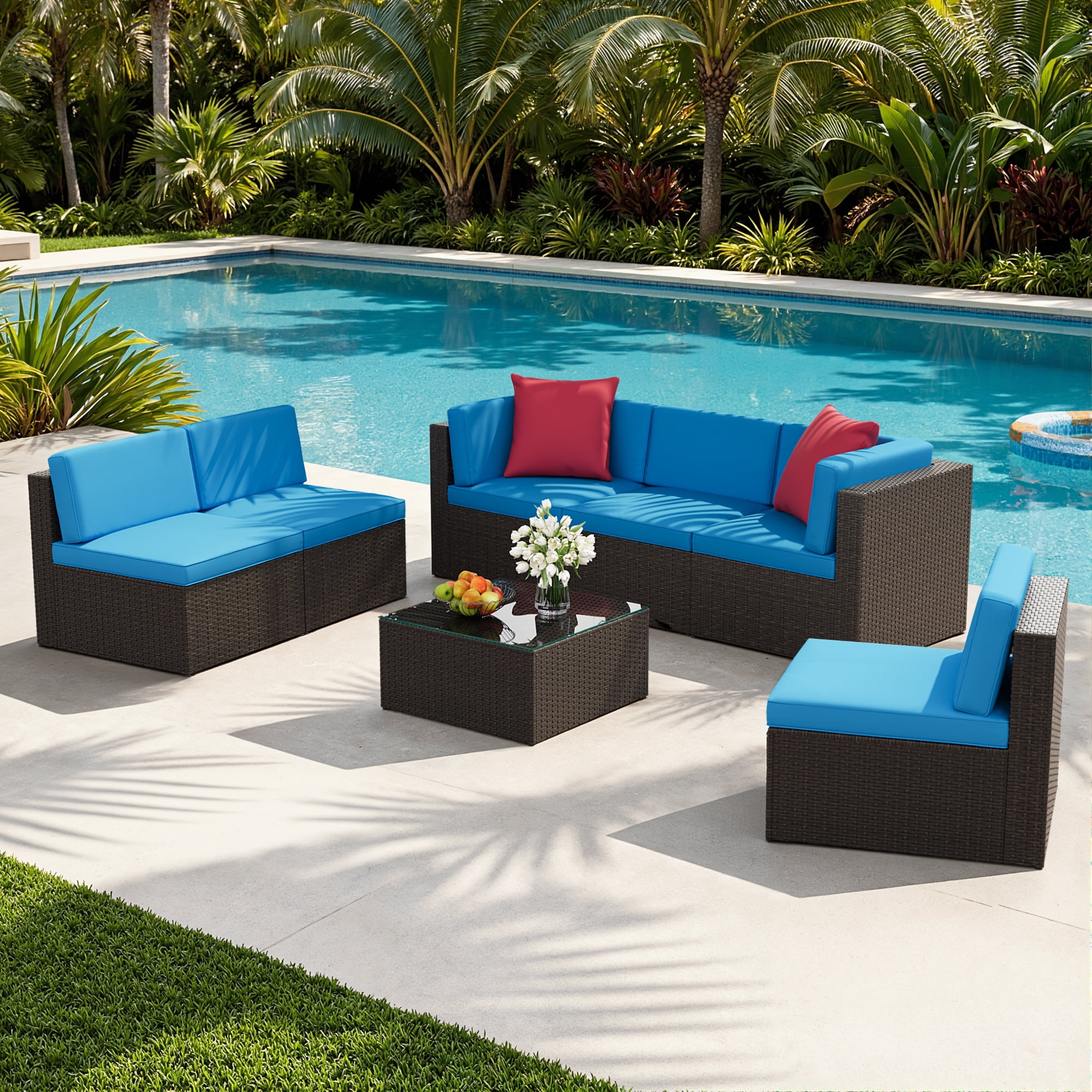 Lacoo 7 PCS Patio Outdoor Furniture Wicker Sectional Sofa with Cushion, Blue