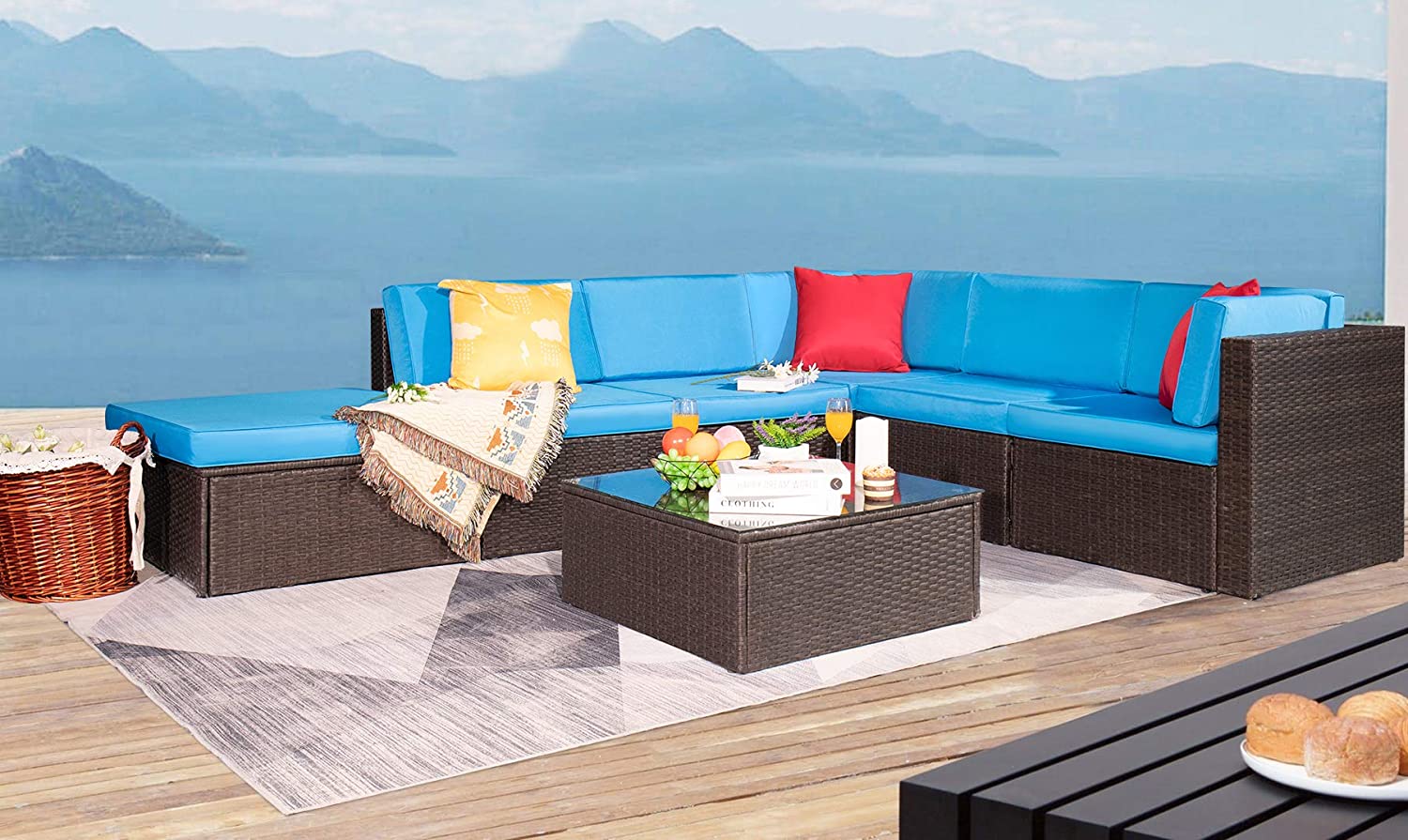 Lacoo 7 Pieces Outdoor Conversation Set All Weather PE Rattan Sectional Sofa Sets with Soft Cushions, Ottoman and Coffee Table, Blue - image 1 of 7
