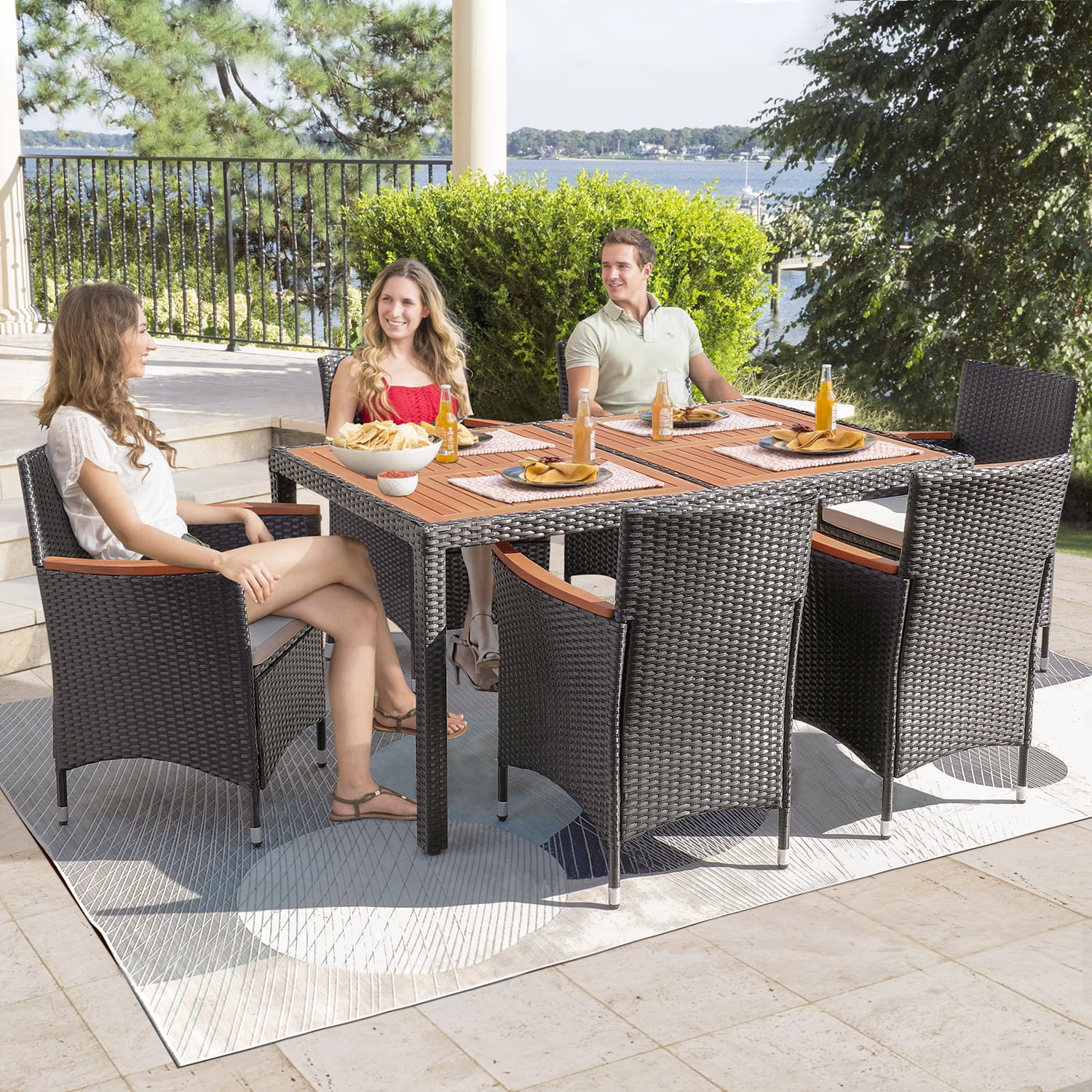 Lacoo 7 Pieces Outdoor Patio Dining Set with PE Rattan Wicker Dining Table and Chairs Acacia Wood Tabletop Curved Wood Armrest Chairs with Cushions