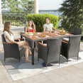 thumbnail image 1 of Lacoo 7 Pieces Outdoor Patio Dining Set with PE Rattan Wicker Dining Table and Chairs Acacia Wood Tabletop, Curved Wood Armrest Chairs with Cushions, 1 of 8